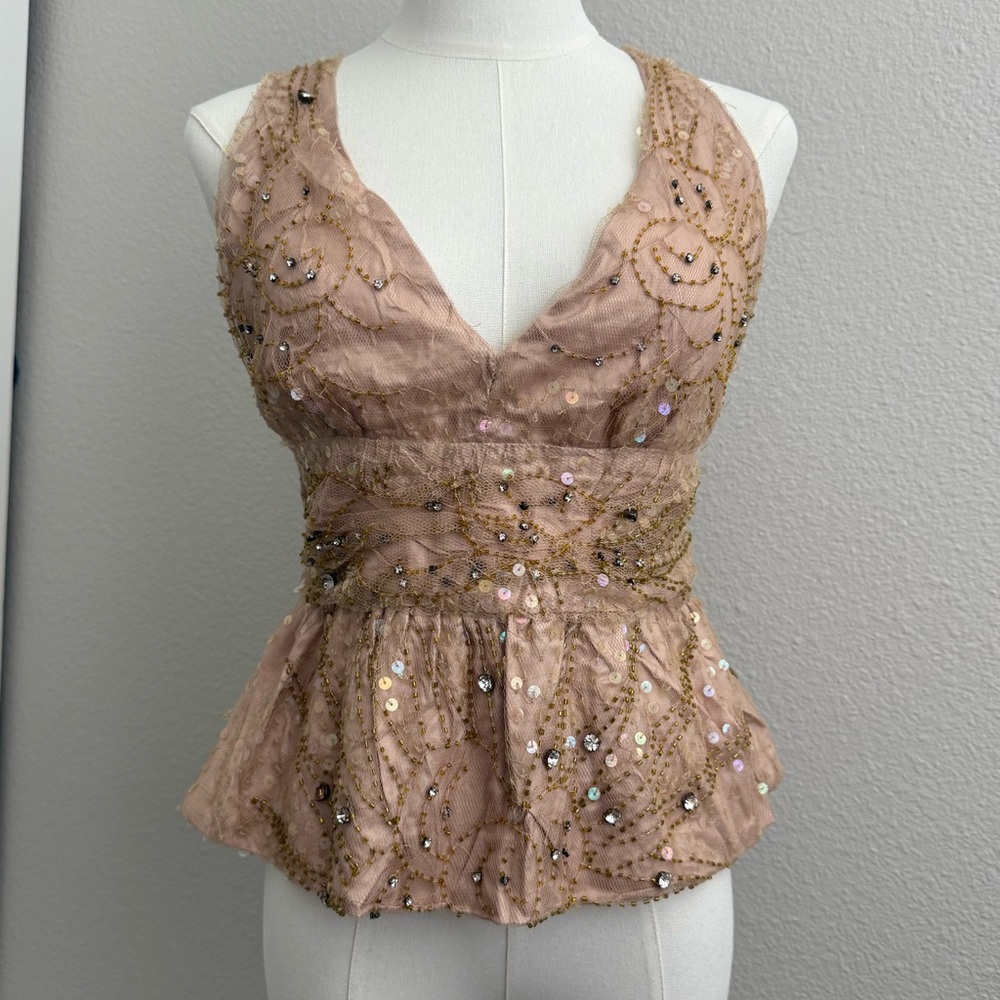 Y2K SILK Indie Sleeze Festival Embellished Peplum V-Neck Beaded Top